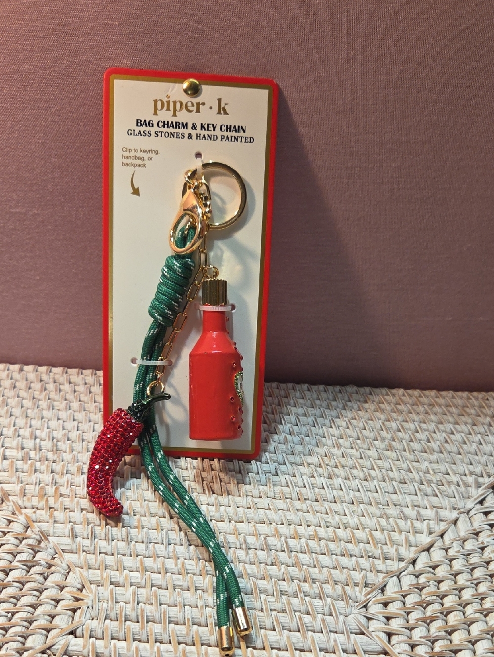 Piper Red Bottle & Green Tassel Bag Charm with Gold Hardware